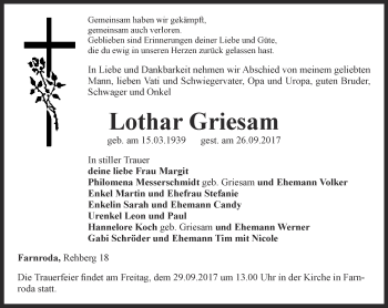 Traueranzeige von Lothar Griesam von Thüringer Allgemeine, Thüringische Landeszeitung