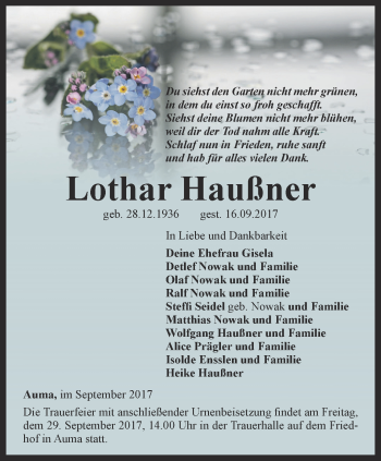 Traueranzeige von Lothar Haußner