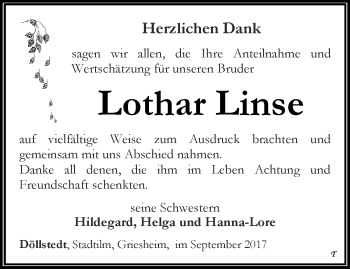 Traueranzeige von Lothar Linse von Thüringer Allgemeine