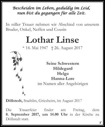 Traueranzeige von Lothar Linse von Thüringer Allgemeine