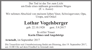 Traueranzeige von Lothar Vogelsberger von Thüringer Allgemeine