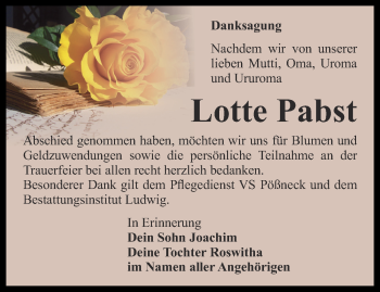 Traueranzeige von Lotte Pabst von Ostthüringer Zeitung