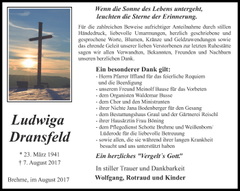 Traueranzeige von Ludwiga Dransfeld von Thüringer Allgemeine