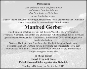 Traueranzeige von Manfred Gerber von Ostthüringer Zeitung, Thüringische Landeszeitung