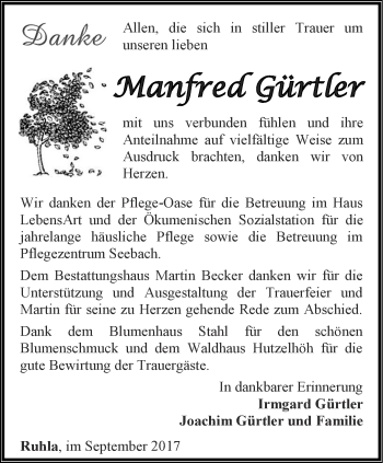 Traueranzeige von Manfred Gürtler von Thüringer Allgemeine, Thüringische Landeszeitung