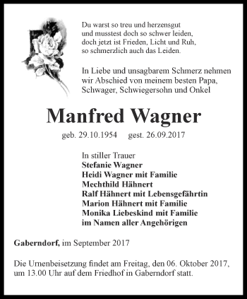 Traueranzeige von Manfred Wagner von Thüringer Allgemeine, Thüringische Landeszeitung