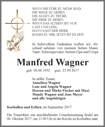 Traueranzeige von Manfred Wagner von Ostthüringer Zeitung