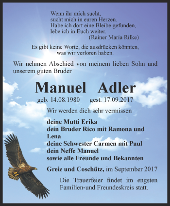 Traueranzeige von Manuel Adler