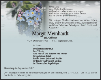 Traueranzeige von Margit Meinhardt von Ostthüringer Zeitung, Thüringische Landeszeitung