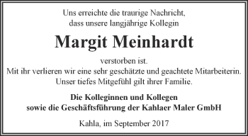 Traueranzeige von Margit Meinhardt von Ostthüringer Zeitung, Thüringische Landeszeitung