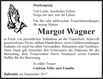 Traueranzeige von Margot Wagner von Ostthüringer Zeitung, Thüringische Landeszeitung