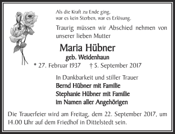 Traueranzeige von Maria Hübner von Thüringer Allgemeine, Thüringische Landeszeitung