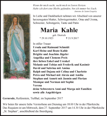 Traueranzeige von Maria Kahle von Thüringer Allgemeine