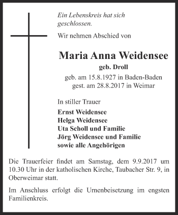 Traueranzeige von Maria Anna Weidensee von Thüringer Allgemeine, Thüringische Landeszeitung