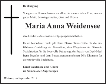 Traueranzeige von Maria Anna Weidensee von Thüringer Allgemeine, Thüringische Landeszeitung