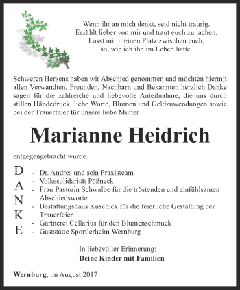 Traueranzeige von Marianne Heidrich von Ostthüringer Zeitung