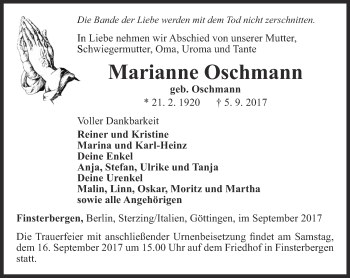 Traueranzeige von Marianne Oschmann von Ostthüringer Zeitung, Thüringische Landeszeitung