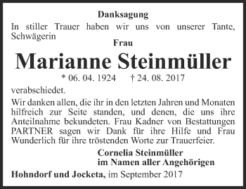 Traueranzeige von Marianne Steinmüller von Ostthüringer Zeitung