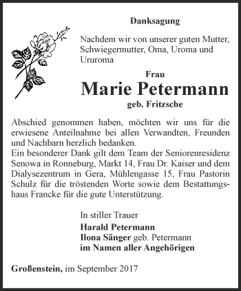 Traueranzeige von Marie Petermann von Ostthüringer Zeitung