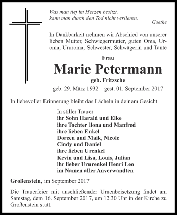 Traueranzeige von Marie Petermann von Ostthüringer Zeitung