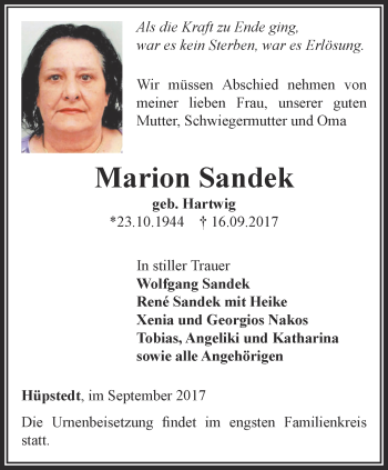 Traueranzeige von Marion Sandek von Thüringer Allgemeine