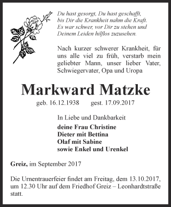 Traueranzeige von Markward Matzke