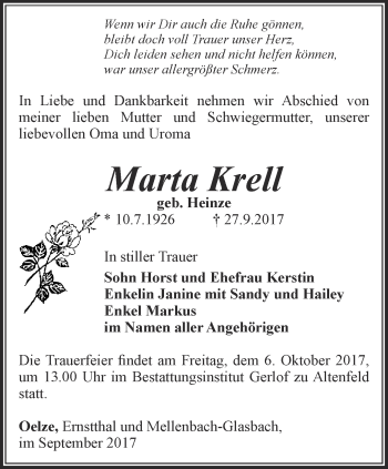 Traueranzeige von Marta Krell von Ostthüringer Zeitung