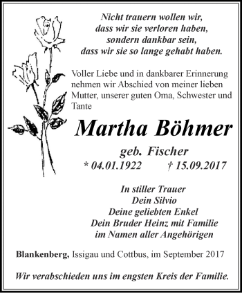 Traueranzeige von Martha Böhmer von Ostthüringer Zeitung