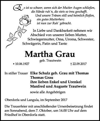 Traueranzeige von Martha Grau von Thüringer Allgemeine, Thüringische Landeszeitung