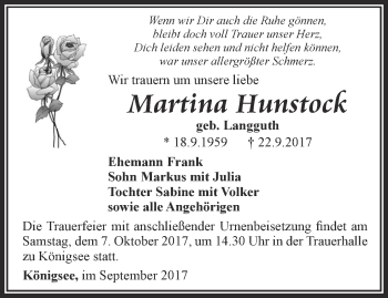 Traueranzeige von Martina Hunstock von Ostthüringer Zeitung