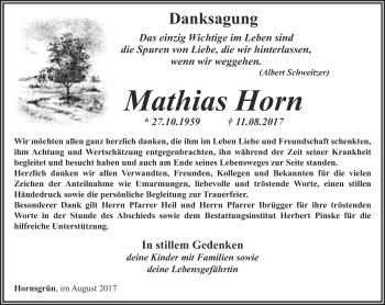 Traueranzeige von Mathias Horn von Ostthüringer Zeitung