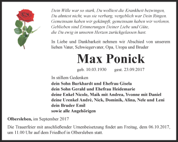 Traueranzeige von Max Ponick von Thüringer Allgemeine