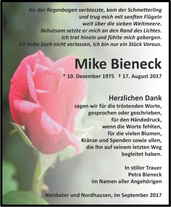 Traueranzeige von Mike Bieneck von Thüringer Allgemeine