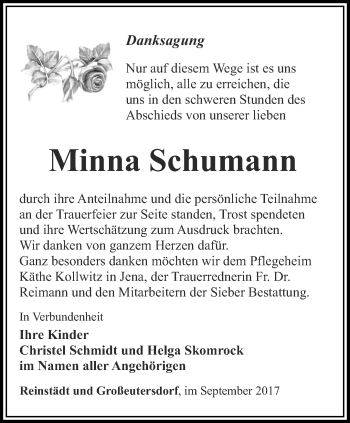 Traueranzeige von Minna Schumann von Ostthüringer Zeitung, Thüringische Landeszeitung