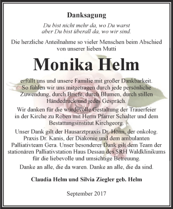 Traueranzeige von Monika Helm von Ostthüringer Zeitung