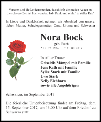 Traueranzeige von Nora Bock von Ostthüringer Zeitung