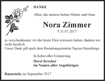 Traueranzeige von Nora Zimmer von Thüringer Allgemeine, Thüringische Landeszeitung
