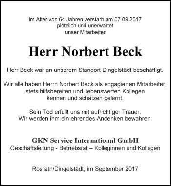 Traueranzeige von Norbert Beck von Thüringer Allgemeine