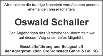 Traueranzeige von Oswald Schaller von Thüringer Allgemeine