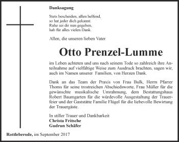 Traueranzeige von Otto Prenzel-Lumme von Thüringer Allgemeine