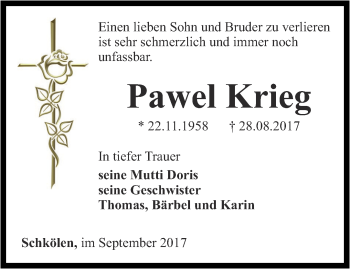 Traueranzeige von Pawel Krieg von Ostthüringer Zeitung