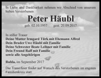 Traueranzeige von Peter Häubl von Thüringer Allgemeine, Thüringische Landeszeitung