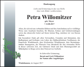 Traueranzeige von Petra Willomitzer von Thüringer Allgemeine