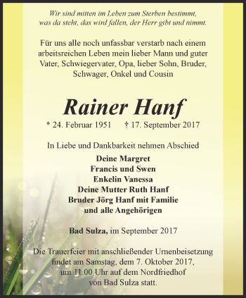 Traueranzeige von Rainer Hanf von Thüringer Allgemeine, Thüringische Landeszeitung