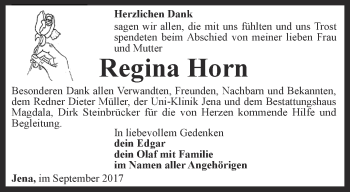 Traueranzeige von Regina Horn von Thüringer Allgemeine, Thüringische Landeszeitung