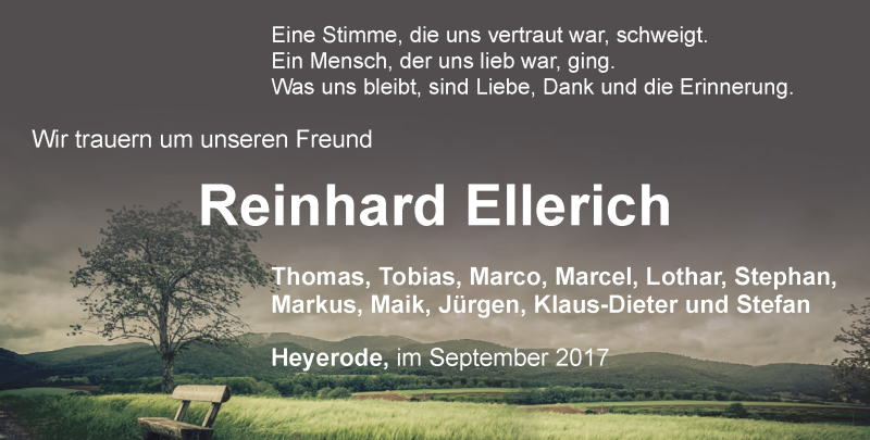  Traueranzeige für Reinhard Ellerich vom 16.09.2017 aus Thüringer Allgemeine, Thüringische Landeszeitung