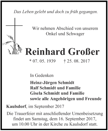 Traueranzeige von Reinhard Großer von Ostthüringer Zeitung