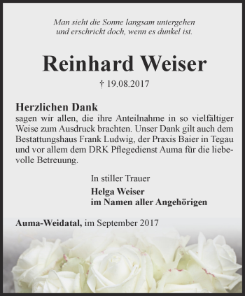 Traueranzeige von Reinhard Weiser von Ostthüringer Zeitung