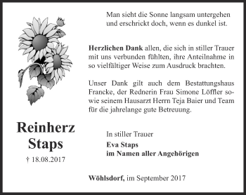 Traueranzeige von Reinherz Staps von Ostthüringer Zeitung