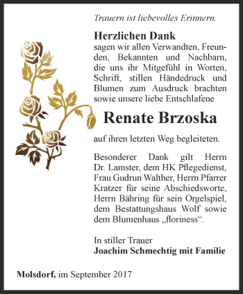 Traueranzeige von Renate Brzoska von Thüringer Allgemeine, Thüringische Landeszeitung